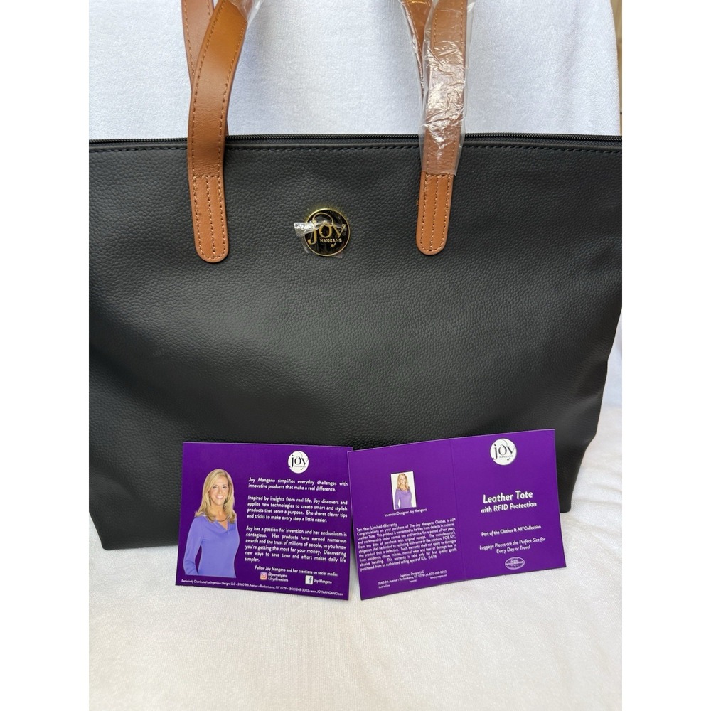 NWT Joy Mangano Genuine leather tote bag RFID Secure Black Brown Travel Commute